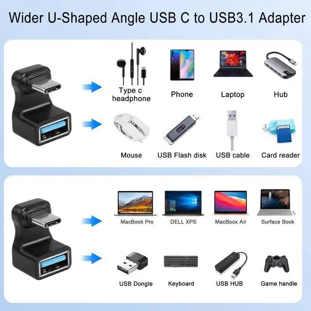 Alt view image 7 of 7 - Vszerda Wider U-Shaped Angle USB C to USB3.1 Adapter 10Gbps Type C Male to USB3.1 Female Wide Distance 180° Angle Connector,for Audio/Video Transfer OTG,for Steam Deck Smartphone Laptop Tablet,2Pcs