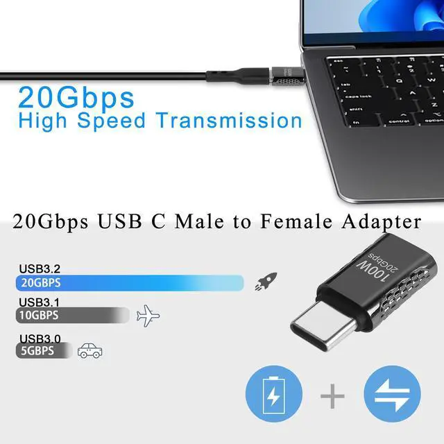 Alt view image 2 of 7 - Vszerda 20Gbps USB C Male to Female Adapter, 100W USB3.2 Type C Male to Female Connector, Zinc Alloy, Support 8K Sudio/Video, for Smartphone Tablet Steam Deck, 2 Pcs(Pass Through Male)