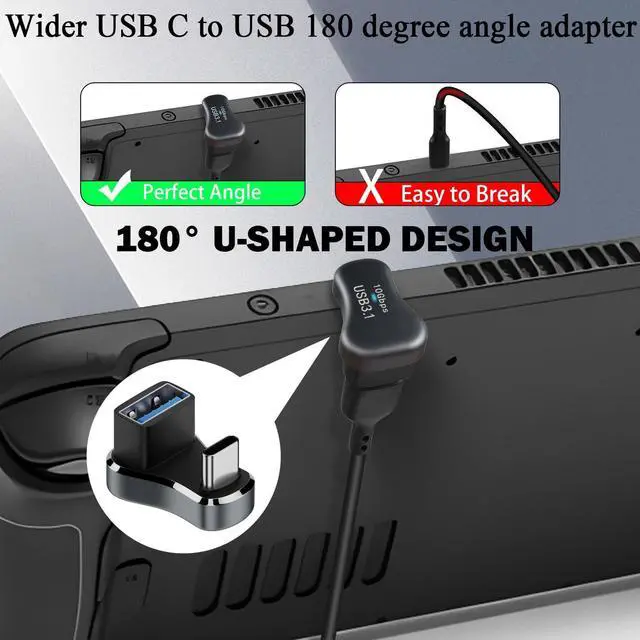 Alt view image 4 of 7 - Vszerda Wider USB C to USB3.1 U Shaped Angle Adapter 10Gbps Type C Male to USB3.1 Female Wide Distance 180 Degree Connector OTG 36W Charging (C to A) LED/Al Alloy,for Steam Deck Smartphone Tablet