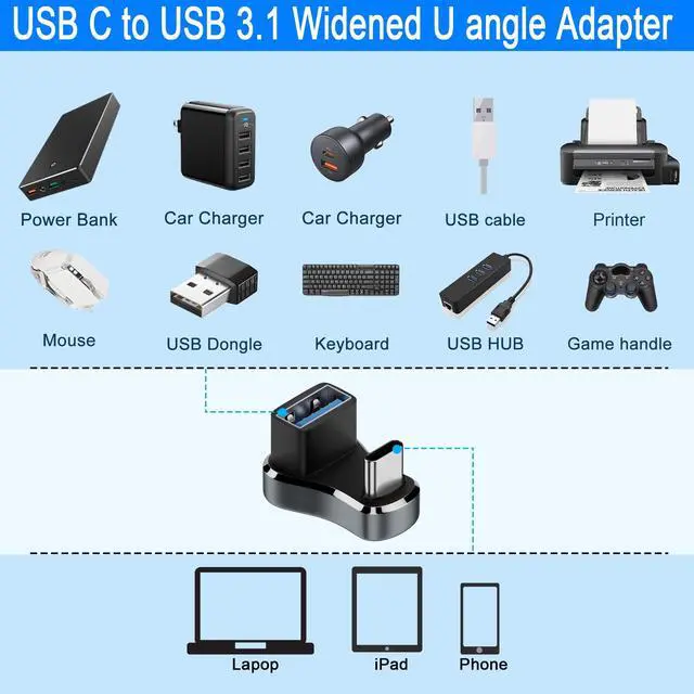Alt view image 7 of 7 - Vszerda Wider USB C to USB3.1 U Shaped Angle Adapter 10Gbps Type C Male to USB3.1 Female Wide Distance 180 Degree Connector OTG 36W Charging (C to A) LED/Al Alloy,for Steam Deck Smartphone Tablet