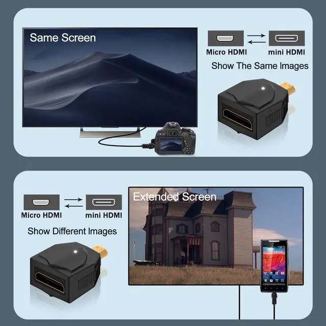 Alt view image 4 of 6 - Vszerda 8K Micro HDMI to Mini HDMI Adapter Converter UHD2.1 Micro HDMI Male to Mini HDMI Female Gold Plated Connector, 3D 8K@60Hz/4K@120Hz, LED Light, for Digital Camera Tablet Monitor, 2Pcs