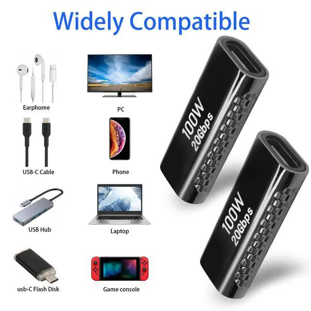 Alt view image 7 of 7 - Vszerda USB3.2 C Female to Female Adapter Coupler 20Gbps USB3.2 Type C Female to Female Connector Extender, Support 100W PD Fast Charging 8K Audio/Video, ZN Alloy, Dark Silver, 2Pcs