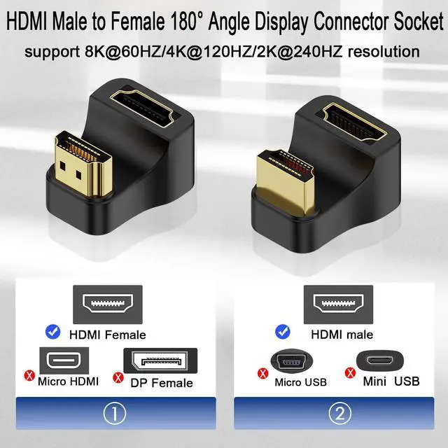 Alt view image 2 of 5 - Vszerda HDMI 2.1 U Shape Angle Display Adapter 8K HDMI 2.1 Male to Female 180° Angle Ultra HD Connector Socket 3D 8K@60Hz UHD2.1, for HDTV Laptop PC Monitor Projector,2Pcs (1 Positive+1 Reverse)