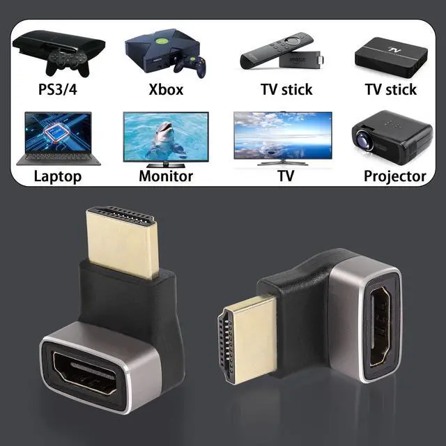 Alt view image 7 of 7 - Vszerda 8K 270 Degree Angle HDMI Male to Female Adapter Coupler HDMI 2.1 Down 90 Degree Right Angle L-Shaped Extender,Support 8K@60Hz/4K@120Hz HDR, for TV Projector Laptop PC,2 Pcs,(Bend Down)