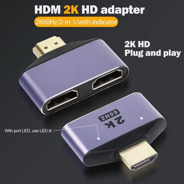 Alt view image 5 of 7 - Vszerda HDMI 1 in 2 Out Splitter Adapter - 2K@60hz HD Display Bi-Directional Selector Switcher - HDMI 1 Male to 2 Female Connector, with LED Light