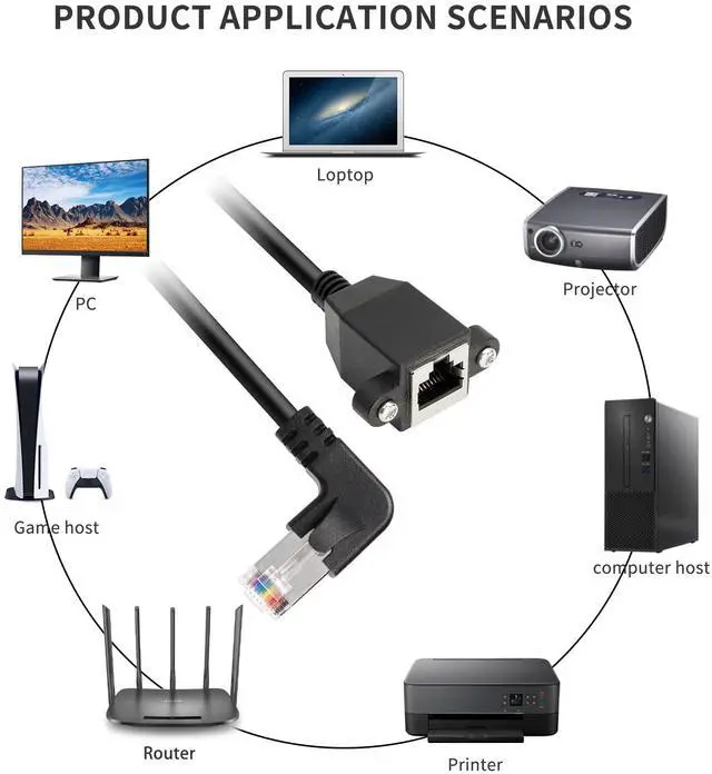 Alt view image 2 of 7 - Vszerda 90°Angle RJ50 10P10C Panel Mount Ethernet Extension Cable, 10P 10C Female to Right Angle Male Communication Extension Cable, Cat5E, Shielded, 30cm/11.8in (Right Bend)