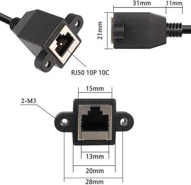 Alt view image 3 of 7 - Vszerda 90°Angle RJ50 10P10C Panel Mount Ethernet Extension Cable, 10P 10C Female to Right Angle Male Communication Extension Cable, Cat5E, Shielded, 30cm/11.8in (Right Bend)