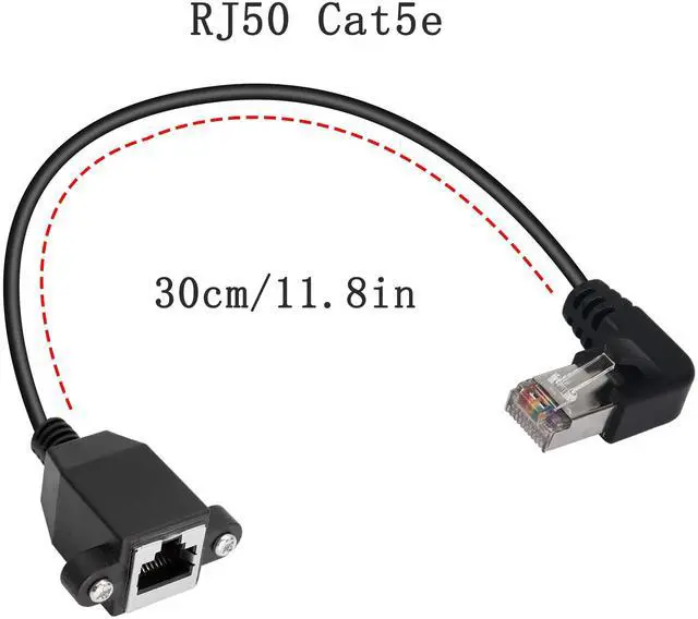 Alt view image 5 of 7 - Vszerda 90°Angle RJ50 10P10C Panel Mount Ethernet Extension Cable, 10P 10C Female to Right Angle Male Communication Extension Cable, Cat5E, Shielded, 30cm/11.8in (Right Bend)