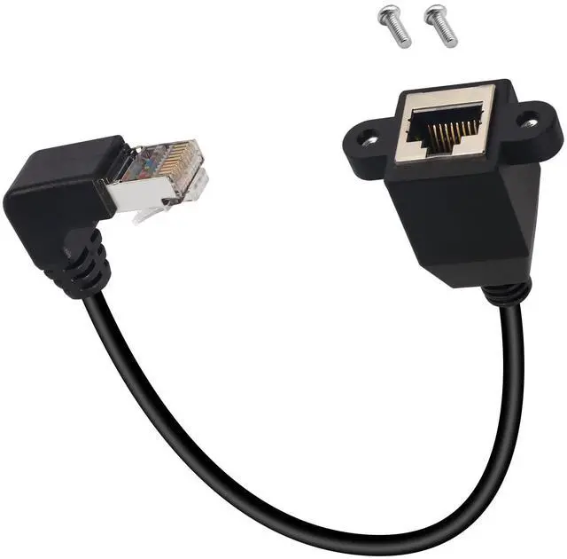 Main image of Vszerda 90°Angle RJ50 10P10C Panel Mount Ethernet Extension Cable, 10P 10C Female to Right Angle Male Communication Extension Cable, Cat5E, Shielded, 30cm/11.8in (Down Bend)