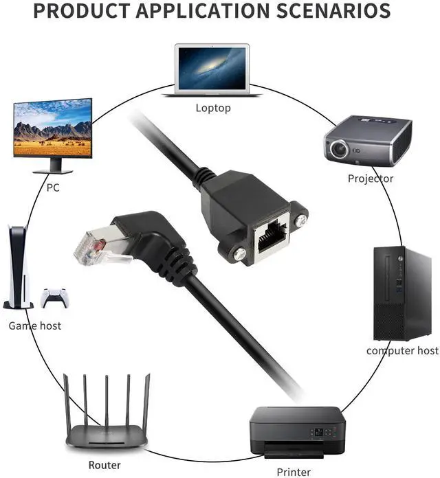 Alt view image 2 of 7 - Vszerda 90°Angle RJ50 10P10C Panel Mount Ethernet Extension Cable, 10P 10C Female to Right Angle Male Communication Extension Cable, Cat5E, Shielded, 30cm/11.8in (Down Bend)
