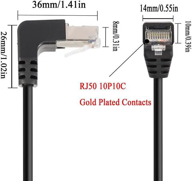 Alt view image 4 of 7 - Vszerda 90°Angle RJ50 10P10C Panel Mount Ethernet Extension Cable, 10P 10C Female to Right Angle Male Communication Extension Cable, Cat5E, Shielded, 30cm/11.8in (Down Bend)