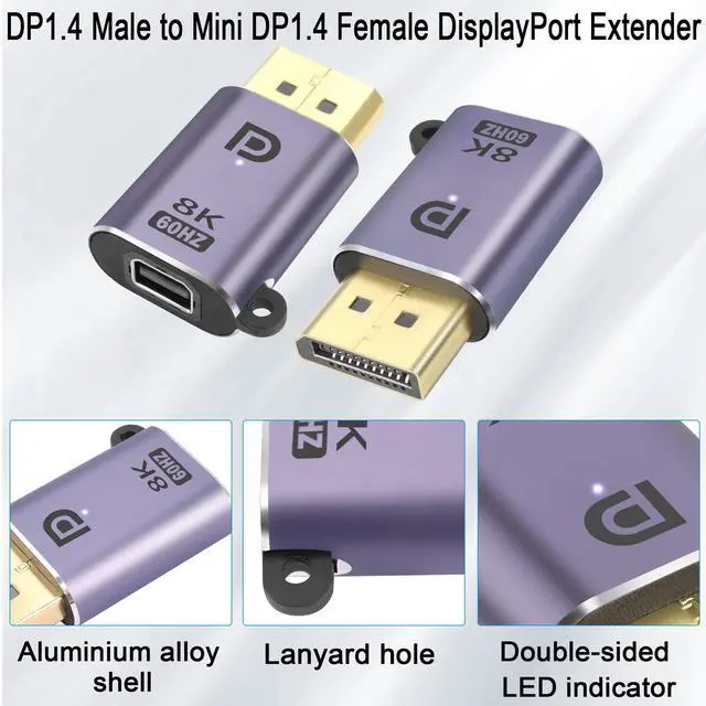 Alt view image 4 of 6 - Vszerda DP to Mini DP Adapter 8K@60Hz DP 1.4 Male to Mini DisplayPort Female Extension Connector, with LEDs and Hanging Hole, for Tablet MacBook Surface Laptop HDTV, 2Pcs(DP-mDP)