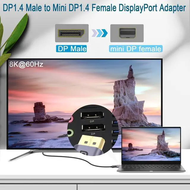 Alt view image 3 of 6 - Vszerda DP to Mini DP Adapter 8K@60Hz DP 1.4 Male to Mini DisplayPort Female Extension Connector, with LEDs and Hanging Hole, for Tablet MacBook Surface Laptop HDTV, 2Pcs(DP-mDP)