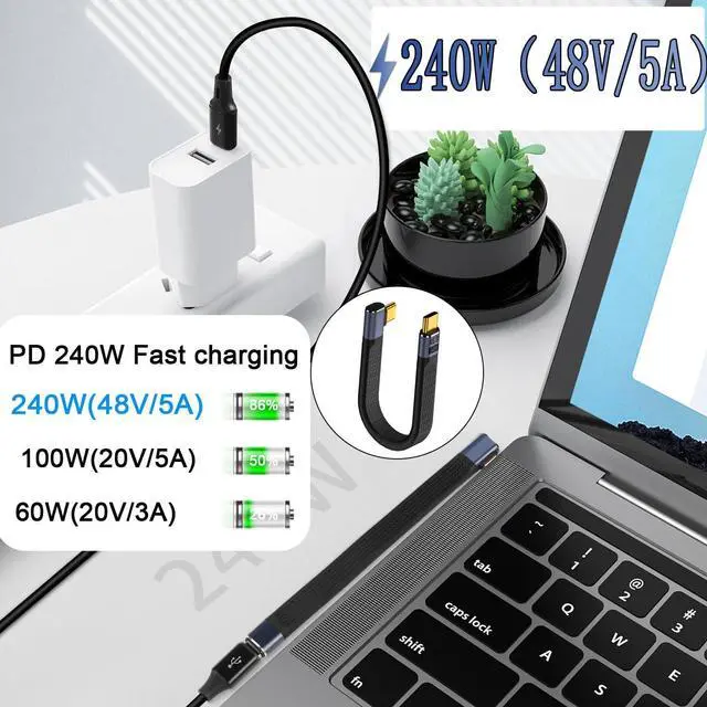 Alt view image 3 of 7 - Vszerda 240W USB4.0 C 90°Angle PD Fast Charging Short Cable 40Gbps Type C 4.0 Male to Right Angle C Male Flat Flexible Data Cable, for Thunderbolt 3/4 Smartphone Power Bank, 13cm/5.1in (Side Bend)