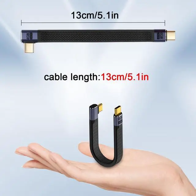 Alt view image 7 of 7 - Vszerda 240W USB4.0 C 90°Angle PD Fast Charging Short Cable 40Gbps Type C 4.0 Male to Right Angle C Male Flat Flexible Data Cable, for Thunderbolt 3/4 Smartphone Power Bank, 13cm/5.1in (Side Bend)