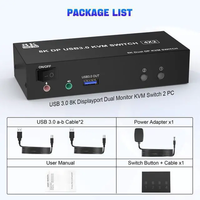 Alt view image 7 of 7 - 8K USB 3.0 Displayport KVM Switch 2 Monitors 2 Computers 8K@60Hz 4K@144Hz, Dual Monitor Displayport 1.4 KVM Switches with Audio Microphone Output and 3 USB 3.0 Ports, DP Switch for 2 PCs 2 Monitors