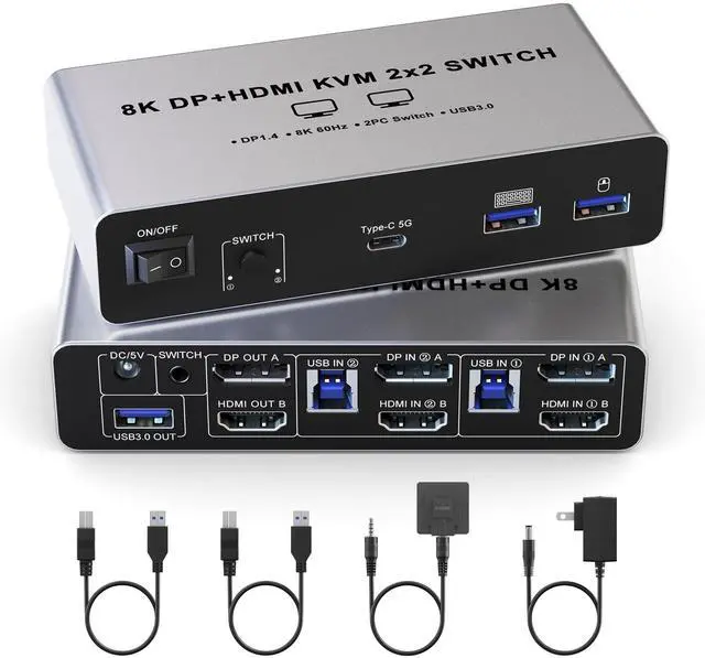 Main image of Vszerda Displayport HDMI KVM Switch 8K@60Hz 2 Monitors 2 Computers, Aluminum with 4 USB 3.0 Ports for 2 Computers Share Dual Monitors Keyboard Mouse Printer with 2 USB Cables/Power Adapter/Controller