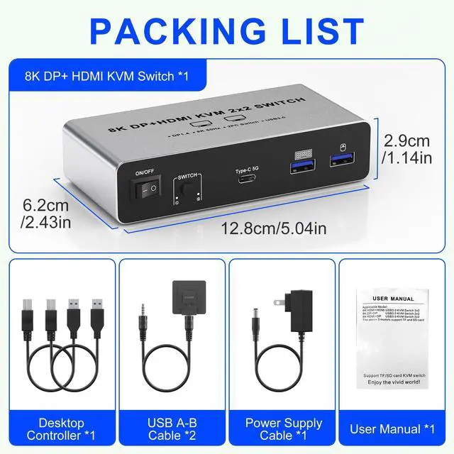 Alt view image 7 of 7 - Vszerda Displayport HDMI KVM Switch 8K@60Hz 2 Monitors 2 Computers, Aluminum with 4 USB 3.0 Ports for 2 Computers Share Dual Monitors Keyboard Mouse Printer with 2 USB Cables/Power Adapter/Controller