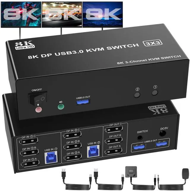 Main image of 8K Displayport KVM Switch 3 Monitors 2 Computers, DP1.4 Triple Monitor KVM with Audio Microphone Output and 3 USB 3.0 Ports for 2 PC or Laptops, DP 3 Monitors KVM Support Extended and Duplicate Mode