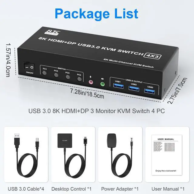 Alt view image 7 of 7 - KVM Switch 3 Monitors 4 Computers 8K@60Hz 4K@144Hz, 2 HDMI+1 Displayport KVM Switch Triple Monitor for 4 Computer Share 3 Monitor and 3 USB3.0 Port Keyboard Mouse, Support Extended and Copy Mode