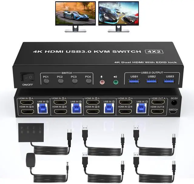 Main image of Vszerda USB 3.0 KVM Switch HDMI Dual Monitors 4 Computers, 4K@60Hz HDMI Dual Monitor Switch for 4 PCs with Audio Output and 3 USB 3.0 Ports, 4 Port HDMI KVM Switch Input Supports EDID Emulators