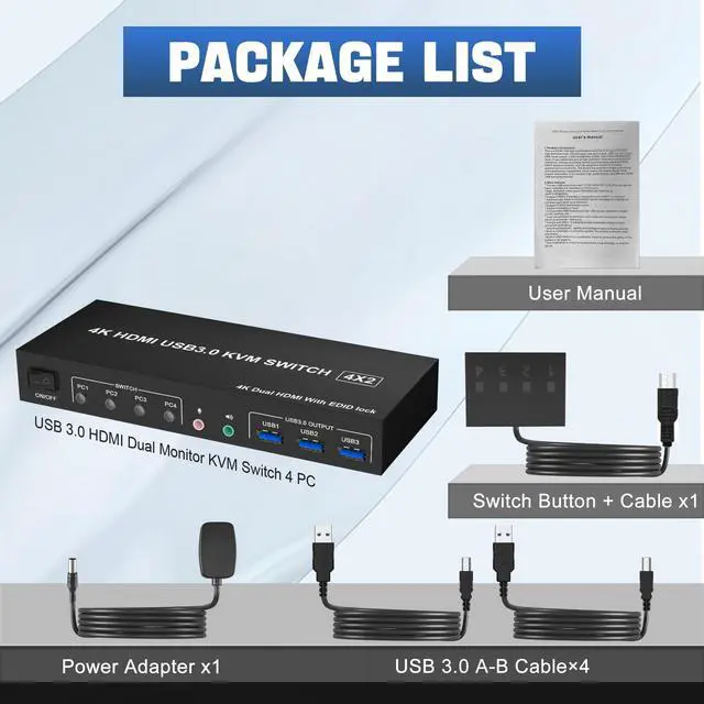 Alt view image 7 of 7 - Vszerda USB 3.0 KVM Switch HDMI Dual Monitors 4 Computers, 4K@60Hz HDMI Dual Monitor Switch for 4 PCs with Audio Output and 3 USB 3.0 Ports, 4 Port HDMI KVM Switch Input Supports EDID Emulators