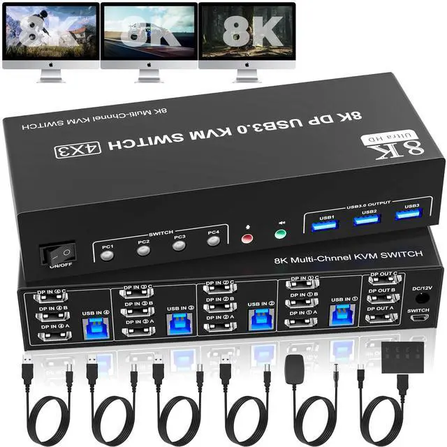 Main image of Vszerda 8K@60Hz DisplayPort 3 Monitors 4 Computers KVM Switch, DP 1.4 KVM Switch 4K@144Hz Triple Monitor for 4 Computer with Audio and 3 USB 3.0 Ports, KVM Triple Monitor Keyboard Mouse Switcher