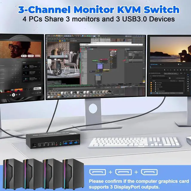 Alt view image 2 of 7 - Vszerda 8K@60Hz DisplayPort 3 Monitors 4 Computers KVM Switch, DP 1.4 KVM Switch 4K@144Hz Triple Monitor for 4 Computer with Audio and 3 USB 3.0 Ports, KVM Triple Monitor Keyboard Mouse Switcher
