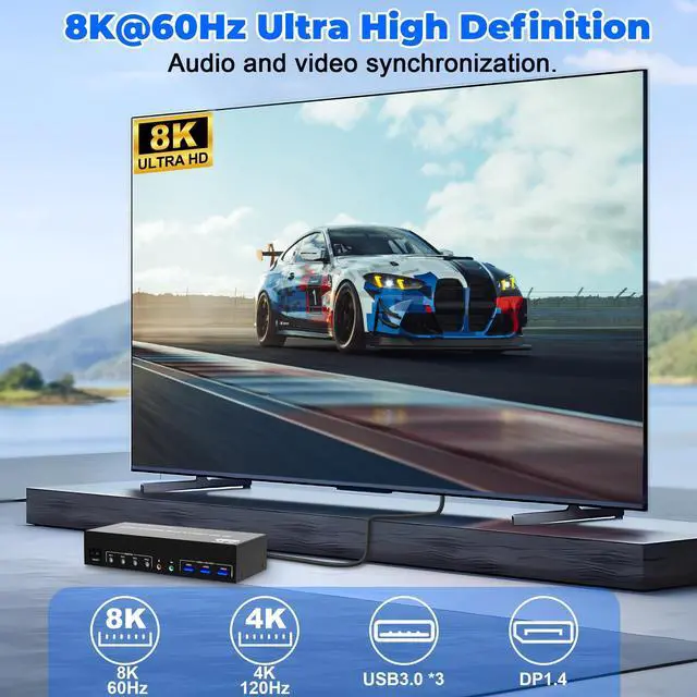 Alt view image 4 of 7 - Vszerda 8K@60Hz DisplayPort 3 Monitors 4 Computers KVM Switch, DP 1.4 KVM Switch 4K@144Hz Triple Monitor for 4 Computer with Audio and 3 USB 3.0 Ports, KVM Triple Monitor Keyboard Mouse Switcher