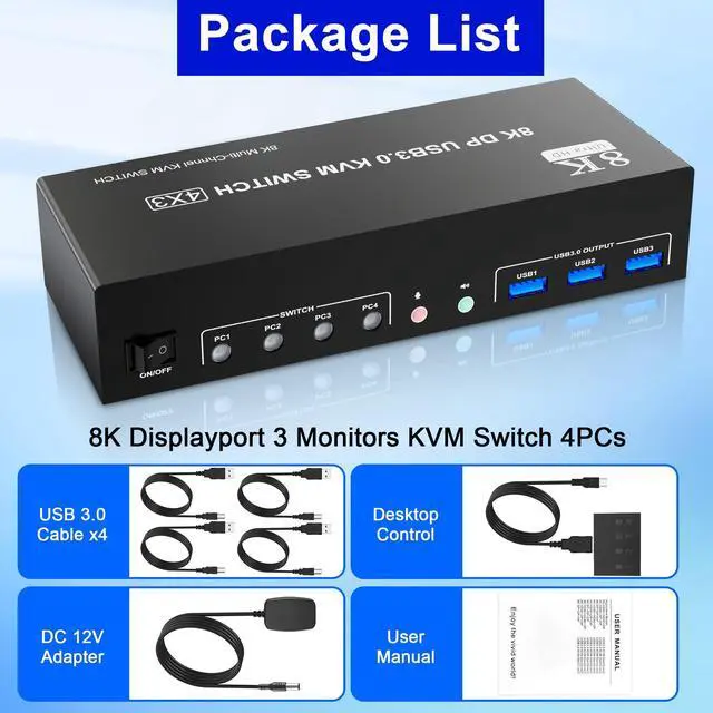 Alt view image 7 of 7 - Vszerda 8K@60Hz DisplayPort 3 Monitors 4 Computers KVM Switch, DP 1.4 KVM Switch 4K@144Hz Triple Monitor for 4 Computer with Audio and 3 USB 3.0 Ports, KVM Triple Monitor Keyboard Mouse Switcher
