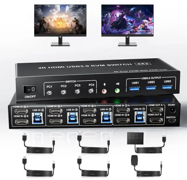 Main image of Vszerda USB 3.0 HDMI Dual Monitors 4 Computers KVM Switch, Supports EDID, 4K@60Hz HDMI Dual Monitor Switch for 4 PCs with 3 USB3.0 and Audio Microphone Ports, 4 Port hdmI KVM Switch for 4PC