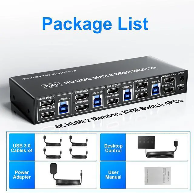 Alt view image 7 of 7 - Vszerda USB 3.0 HDMI Dual Monitors 4 Computers KVM Switch, Supports EDID, 4K@60Hz HDMI Dual Monitor Switch for 4 PCs with 3 USB3.0 and Audio Microphone Ports, 4 Port hdmI KVM Switch for 4PC