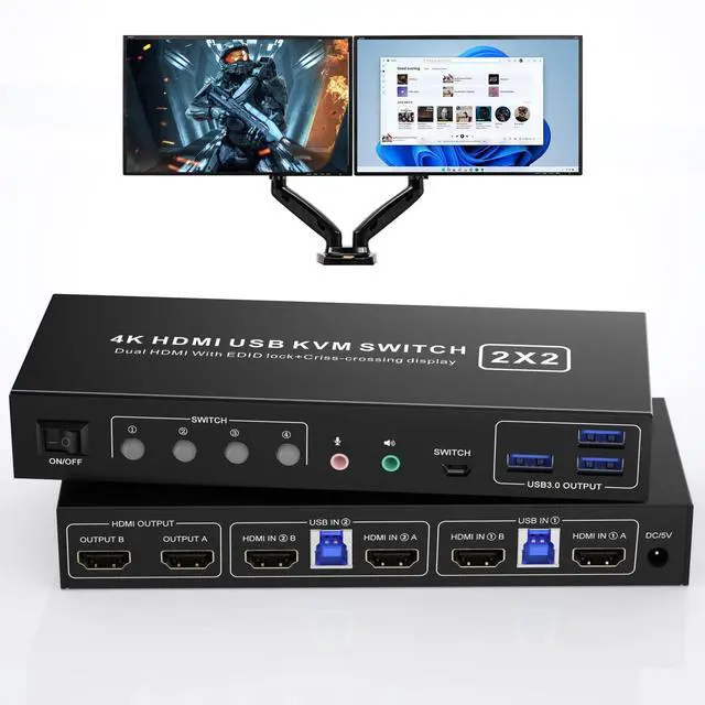 Main image of Vszerda HDMI KVM Switch 2 Montiors 2 Computers USB 3.0, 4K@60Hz KVM Switch Dual Monitor with 3 USB 3.0 Ports and Audio, 2 Port KVM Switch with Dual Monitor Cross Display for 2 Computers