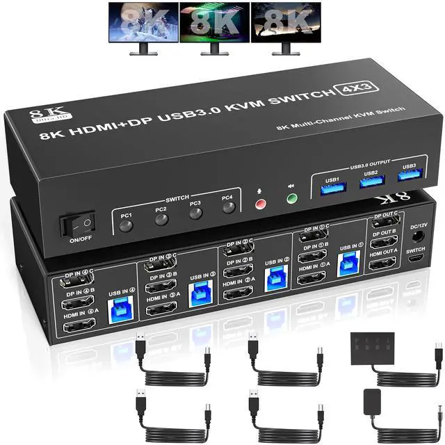 Main image of Vszerda 8K@60Hz USB3.0 KVM Switch 3Monitors 4Computers 4K@144Hz,2 DisplayPort +1 HDMI Triple Monitor KVM Switch for 4PC with Audio and 3USB 3.0, 2 DP1.4 +HDMI2.1 Triple Monitor Keyboard Mouse Switcher