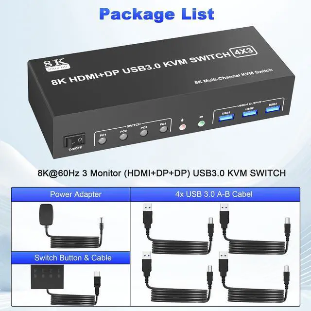 Alt view image 7 of 7 - Vszerda 8K@60Hz USB3.0 KVM Switch 3Monitors 4Computers 4K@144Hz,2 DisplayPort +1 HDMI Triple Monitor KVM Switch for 4PC with Audio and 3USB 3.0, 2 DP1.4 +HDMI2.1 Triple Monitor Keyboard Mouse Switcher