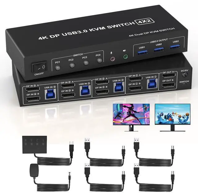 Main image of Vszerda USB 3.0 KVM Switch Displayport 2 Monitors 4 Computers, 4K@60Hz Dual Monitor KVM Switch with Audio Microphone Output and 3 USB 3.0 Ports, 4 Port DP Monitor Switch for 4 PCs 2 Monitors
