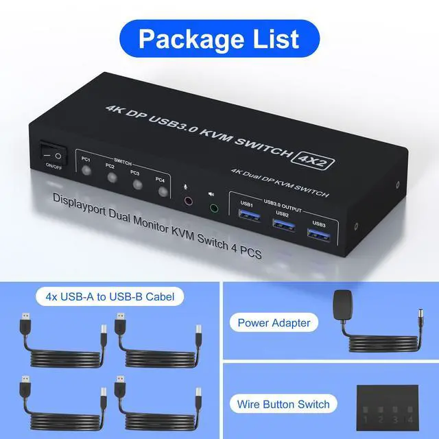 Alt view image 7 of 7 - Vszerda USB 3.0 KVM Switch Displayport 2 Monitors 4 Computers, 4K@60Hz Dual Monitor KVM Switch with Audio Microphone Output and 3 USB 3.0 Ports, 4 Port DP Monitor Switch for 4 PCs 2 Monitors