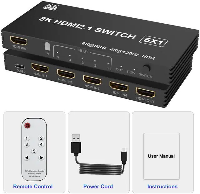 Alt view image 7 of 7 - Vszerda 8K@60Hz HDMI Switch 5 in 1 Out, 5 Port HDMI 2.1 Switcher Selector Box for 5 Computers with Remote Control, HDMI Multiport Adapter Port Expander Switcher Splitter for PS5 PS4 Xbox PC TV