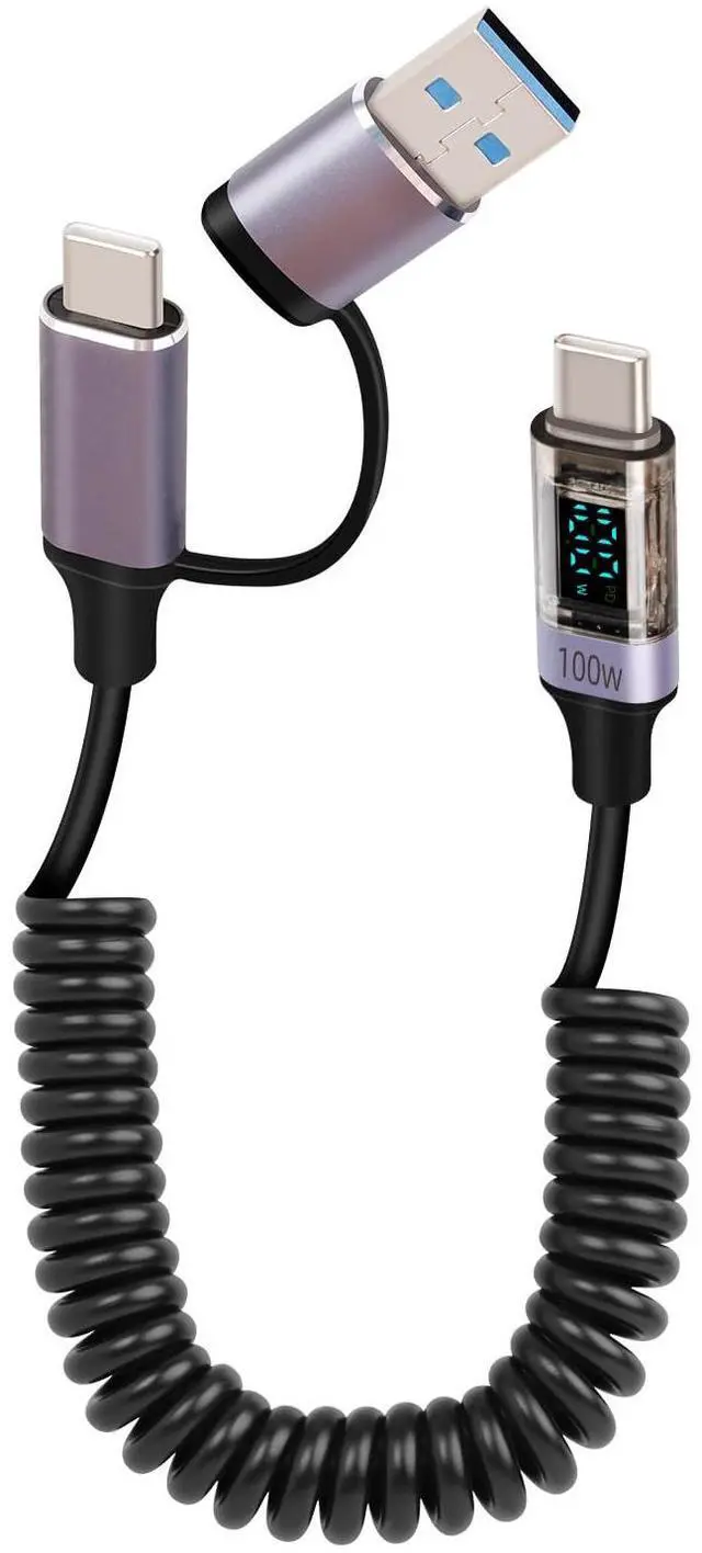Main image of Vszerda PD 100W 2 in 1 USB A to USB C Coiled Fast Charging Cable with LED Display,Support Wattage for Tablet PC,Phones