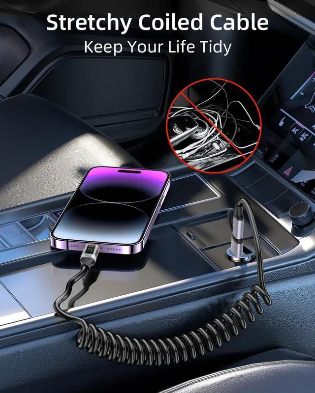 Alt view image 5 of 7 - Vszerda PD 100W 2 in 1 USB A to USB C Coiled Fast Charging Cable with LED Display,Support Wattage for Tablet PC,Phones