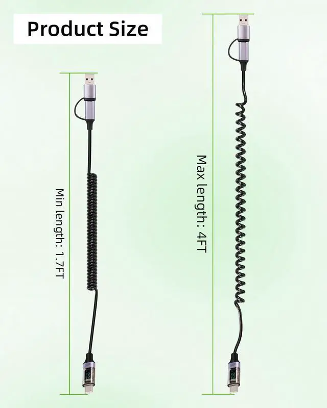 Alt view image 7 of 7 - Vszerda PD 100W 2 in 1 USB A to USB C Coiled Fast Charging Cable with LED Display,Support Wattage for Tablet PC,Phones