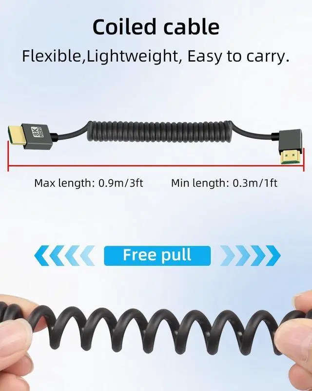Alt view image 2 of 7 - Vszerda 8K Left Angle HDMI Coiled Cable 2.2FT,90 Degree Short HDMI to HDMI Cable, Spring Spiral HDMI 2.1 Cable 8K@60Hz,48Gbps,for Camera/TV/Capture Cards/Tablet