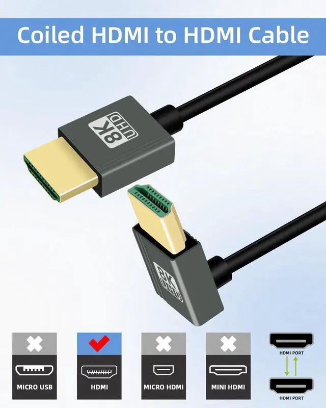 Alt view image 4 of 7 - Vszerda 8K Up Angle HDMI Coiled Cable 2.2FT, 270 Degree Short HDMI to HDMI Cable, Spring Spiral HDMI 2.1 Cable 8K@60Hz,48Gbps,for Camera/TV/Capture Cards/Tablet