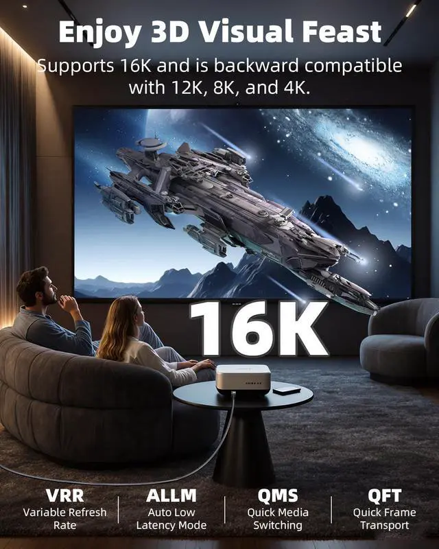 Alt view image 2 of 7 - Vszerda 16K HDMI 2.2 HDR Cable,96Gbps Ultra High Speed HDMI to HDMI Cable Support 16K@60Hz,12k@120 8K@240Hz,4K@480Hz eARC,HDCP Compatible for Camera,PC Laptop,TV,Monitor,Projector(2M/6.5FT)