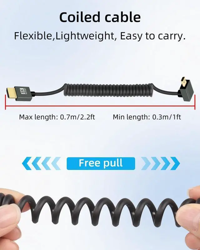 Alt view image 7 of 7 - Vszerda 8K Up Angle Micro HDMI to HDMI Cable 2.2FT, 270 Degree Short HDMI to Micro HDMI Cable, Coiled Hdmi 2.1 Cable 8K@60Hz 48Gbps for Camera/Camcorder/HDTV/Tablet(Up Angle Black)