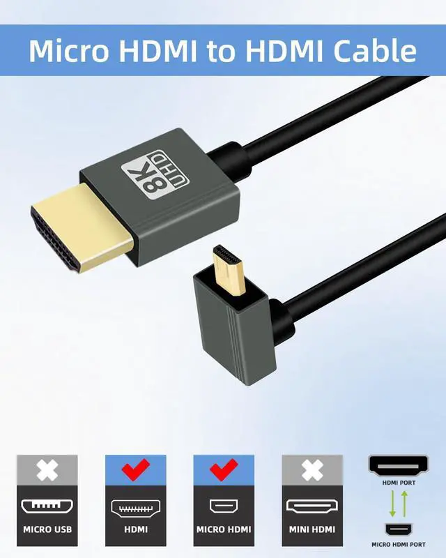 Alt view image 3 of 7 - Vszerda 8K Down Angle Micro HDMI to HDMI Cable 2.2FT, 270 Degree Short HDMI to Micro HDMI Cable, Coiled Hdmi 2.1 Cord 8K@60Hz 48Gbps for Camera/Camcorder/HDTV(Down Angle Black)
