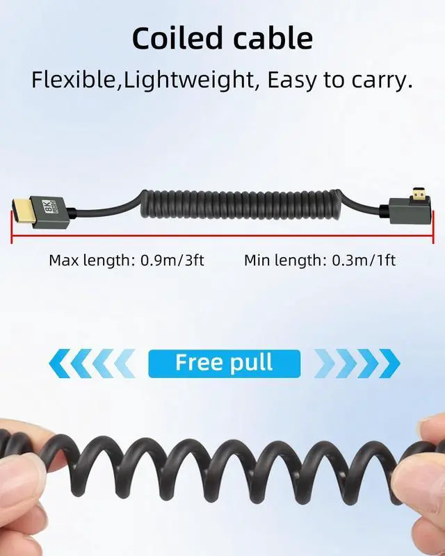 Alt view image 2 of 7 - Vszerda 8K Left Angle Micro HDMI to HDMI Cable 2.2FT, 90 Degree Short HDMI to Micro HDMI Cable, Coiled HDMI 2.1 Cable 8K@60Hz 48Gbps for Camera/Camcorder/HDTV/Tablet