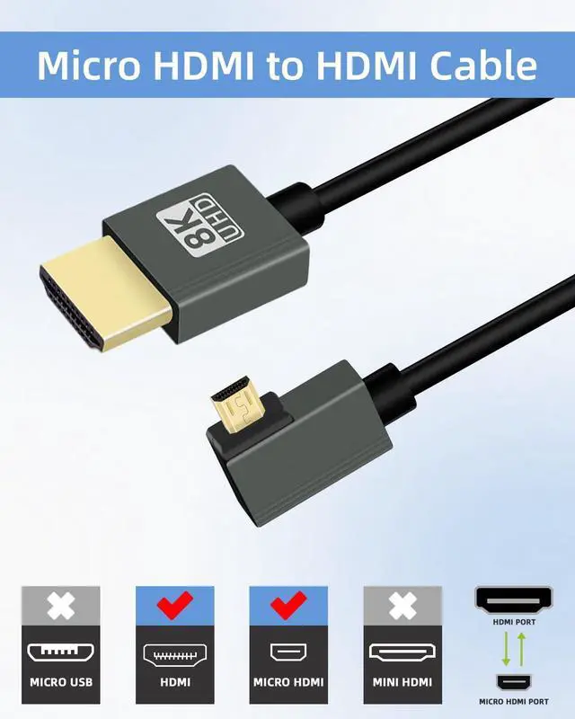Alt view image 4 of 7 - Vszerda 8K Left Angle Micro HDMI to HDMI Cable 2.2FT, 90 Degree Short HDMI to Micro HDMI Cable, Coiled HDMI 2.1 Cable 8K@60Hz 48Gbps for Camera/Camcorder/HDTV/Tablet