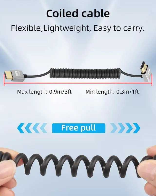 Alt view image 2 of 7 - Vszerda 4K Down Angle HDMI Coiled Cable 2.2FT, 270 Degree Short HDMI to HDMI Cable, Spring Spiral HDMI 2.0 Cable 4K@120Hz,18Gbps,for Camera/TV/Capture Cards/Tablet