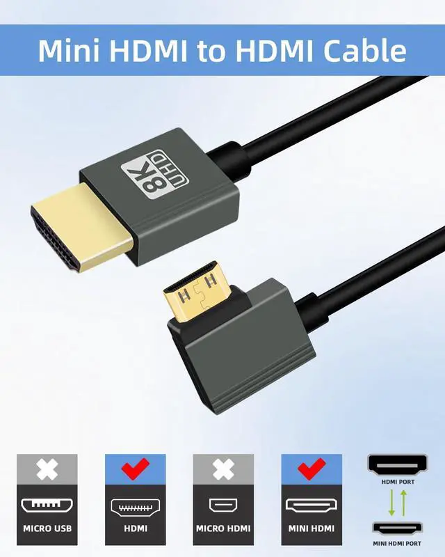 Alt view image 4 of 7 - Vszerda 8K Left Angle Mini HDMI to HDMI Coiled Cable 2.2FT, 90 Degree Short HDMI to Mini HDMI Cable, Spring Spiral Hdmi 2.1 Cable 8K@60Hz 48Gbps for Camera/Camcorder/HDTV/Tablet